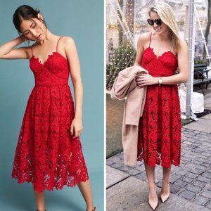 Red Donna Morgan Lace Applique Midi Dress